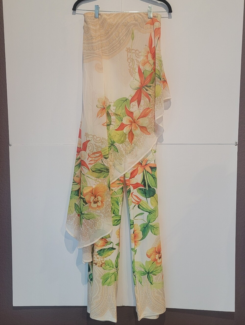 Her Bottari Women's Floral Asymmetrical Wide Leg Pants W/Overlay Size S Resort